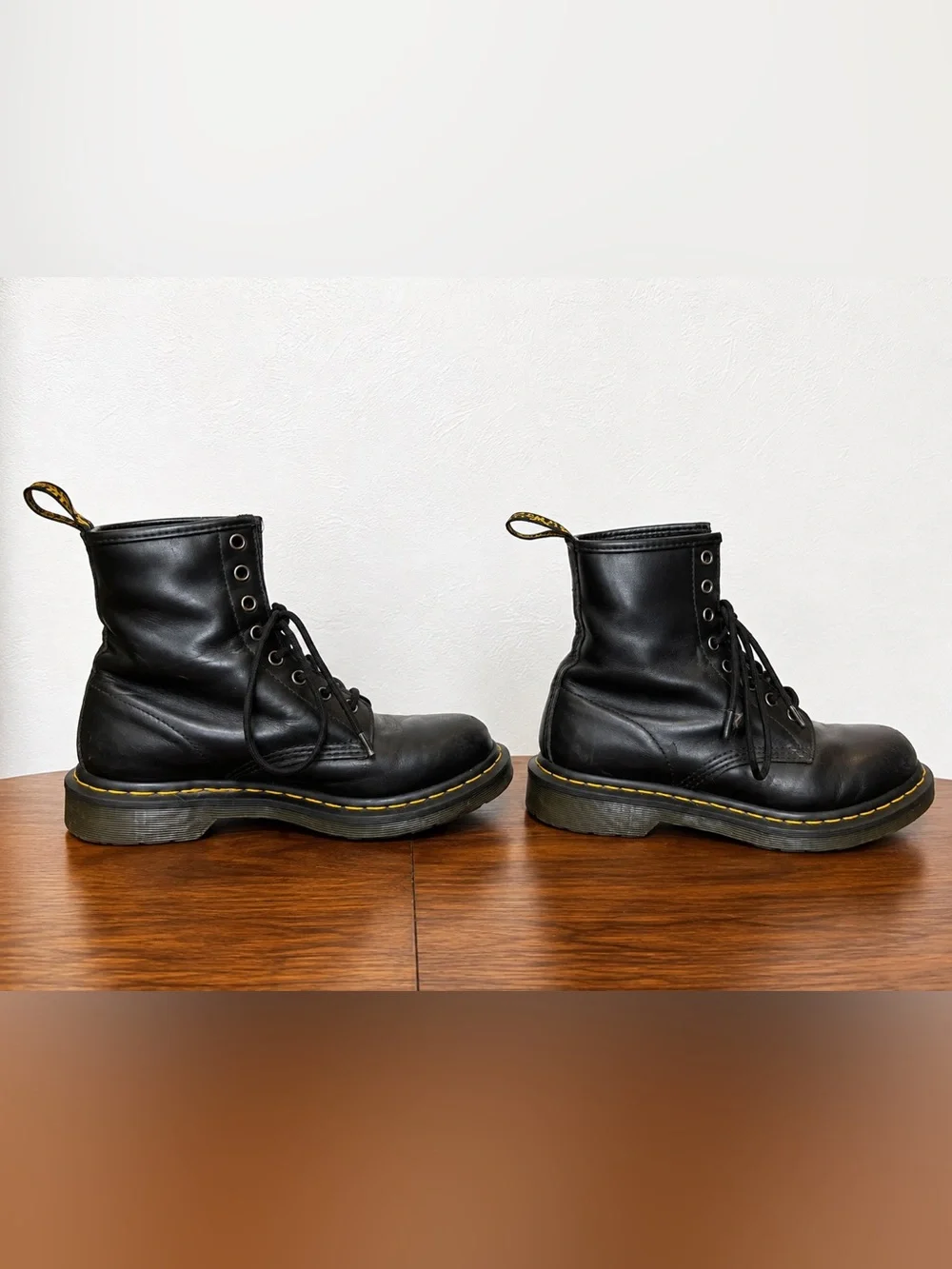 Dr. Martens Black Leather 8-Eye Lace-Up Boots with Yellow Stitching